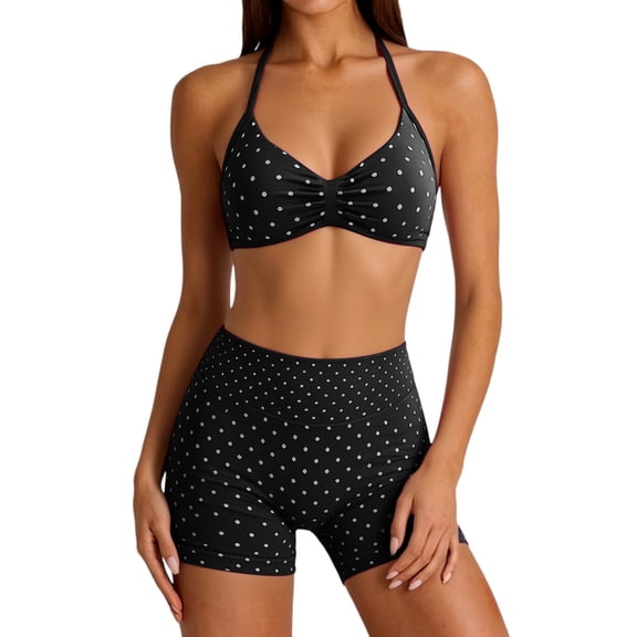 Women's Polka Dot Halter Workout Set, Backless Yoga Tank Top with High Waist Biker Shorts, 2 Piece Soft Lightweight Breathable SlimFit Gym Outfit for Women Activewear Daily Wear