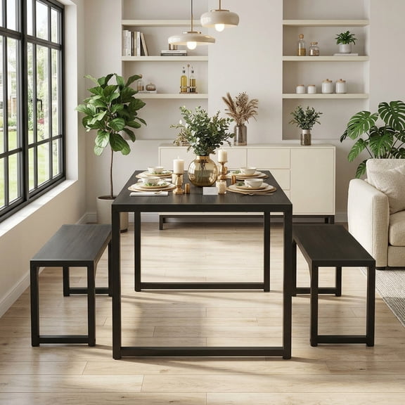 Aiho 25.6" Compact Dining Table Set for 2 w/2 Stools - Space-Saving Metal Frame & Wood Top for Small Kitchens, Breakfast Nook - Black