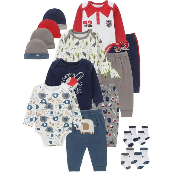 WIBACKER 100% Cotton 4-Piece Newborn Boys Elephant Outfits Infant Bodysuit Tops, Hat, Socks and Pants Baby Layette Gift Set