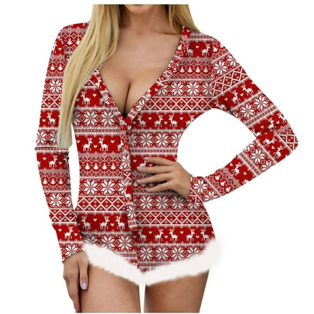 

Women Winter Fuzzy Christmas Romper Pajamas Sexy Long Sleeve Deep V Neck Button Bodycon Jumpsuit Shorts One-sie Sleepwear Bodysuit