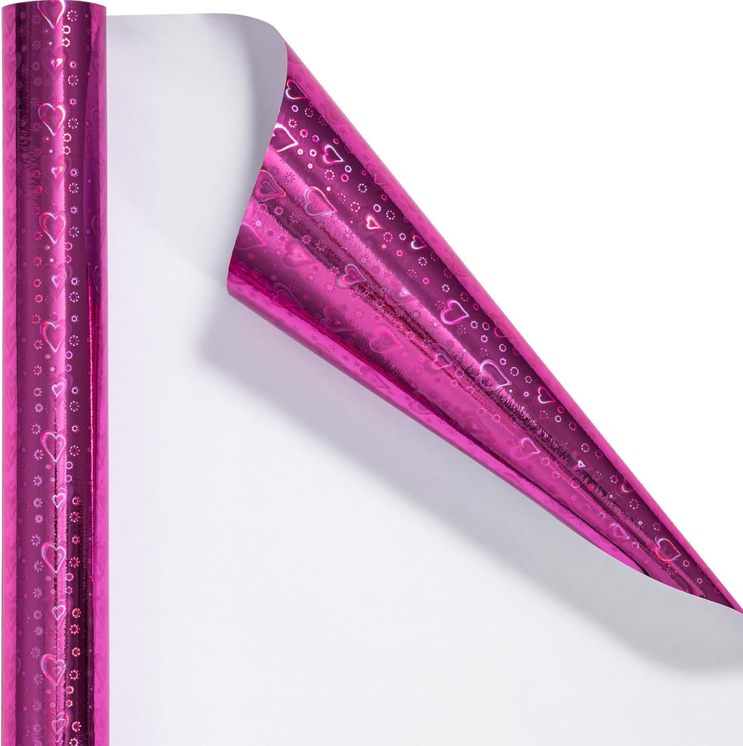 Pink Holographic Wrapping Paper Roll, Shiny Heart Pattern Metallic Foil for Valentines, Wedding, Anniversary, Birthday & Party Celebrations, Mini Roll 17 in x 32.8 ft