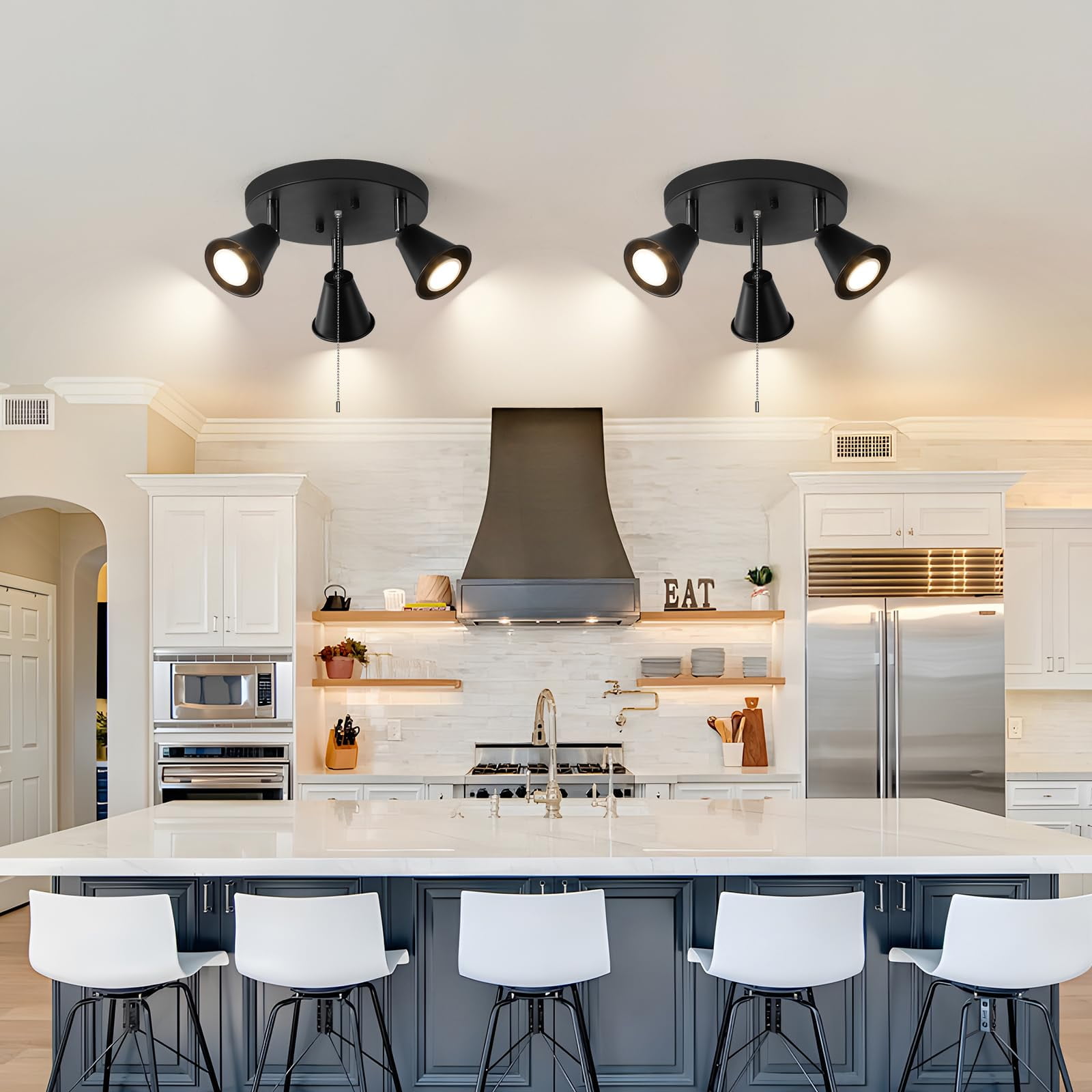 Directional Track Lighting Industrial Modern with Pull Chain On Off 3-Light Black Ceiling Spotlight Flush Mount