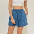 thumbnail image 7 of LWavelet Women Denim Shorts Elastic Waist Bow Embroidery Casual Summer Blue S, 7 of 7
