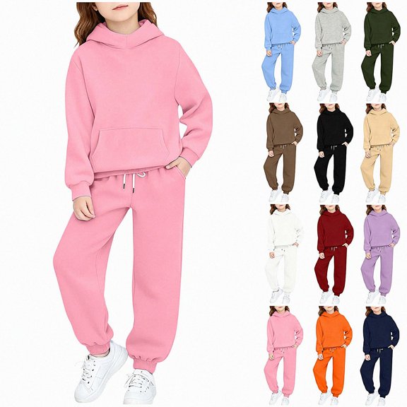 DJDLJWCJ Girls 2 Piece Outfit Set Solid Color Long Sleeve Pullover Hoodie and Elastic Waist Jogger Sweatpants Set Pink Size 4T