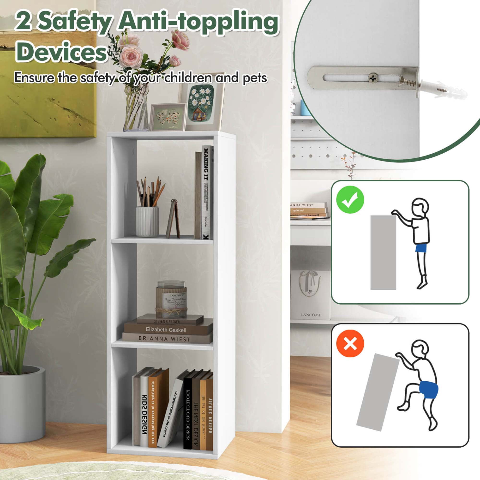 Costway 3-Cube Bookcase Open Back Bookshelf with Anti-tip Kit Modern Style Organizer