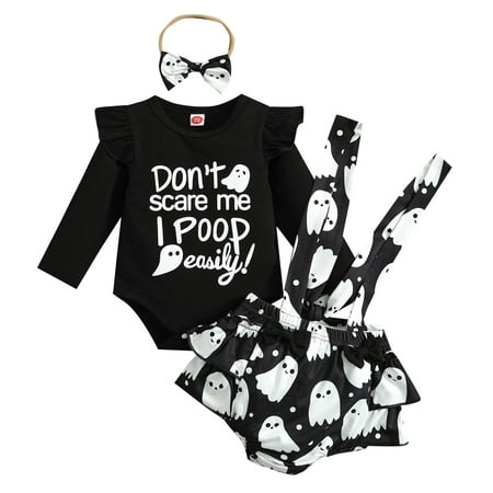 

ZHUASHUM Girls Long Sleeve Romper Bodysuits Cartoon Prints Ruffles Suspenders Shorts Headbands Outfits