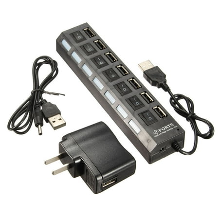 7-Port Super High Speed USB 2.0 Hub Splitter + 5V 2A AC Power Adapter Chord ON/OFF Switch Fast Charger For PC Laptop Mulitple Devices LED indicator
