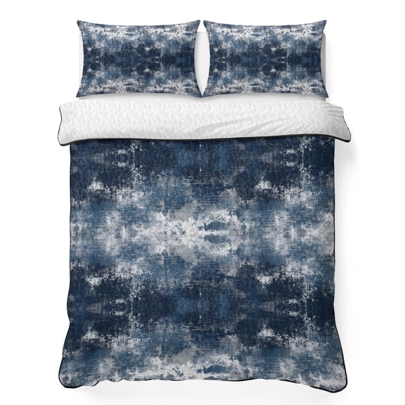 Quilts King Size Bedding Set, Navy Blue Lightweight Quilted Comforter, Vintage Abstract Minimalist Tie-dye Art Soft Reversible Bedspread Coverlet with Pillow Covers for All Season, 96" x 106"