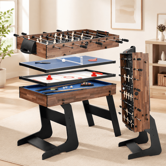 54" 4-in-1 Foldable Game Table, Combo Game Table Set with Ping Pong, Air Hockey, Pool Billiards & Foosball, Indoor Game Table for Kids, Adults, Home & Game Room