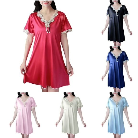 Aboser Short Sleeve Chemise Nightgown for Women Elegant Lace Trim Nightdress Loose Fit Short Loungewear Comfy Soft V Neck Sleepshirts