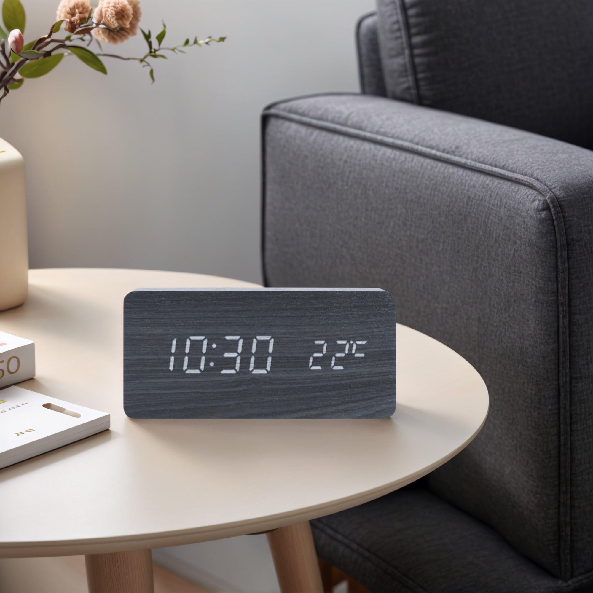 Unique Bargains Night Mode Wood Grain Design LED Alarm Clock Black 5.6"L x 1.6"W x 3.0"H