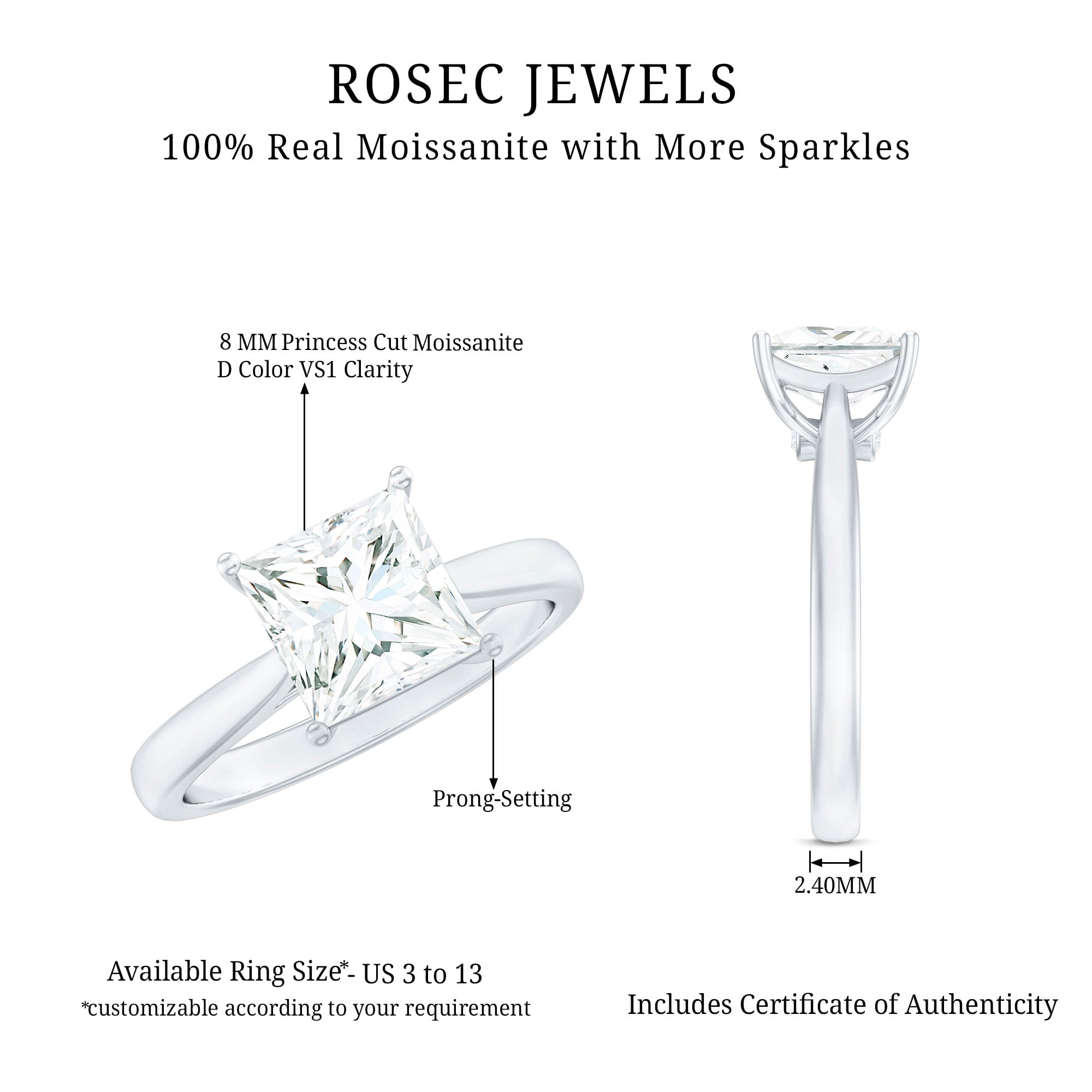 Rosec Jewels Princess Cut Moissanite Solitaire Engagement Ring for Women (2 Ct, 7 mm, D-VS1 Grade), 10K White Gold, US 6.50
