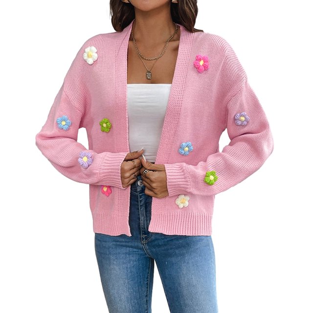 Suéteres De Punto Crochet Floral Cardigan Suéteres Abrigo Mujer Chaqueta Casual Outwear Kuymtek Rosa T S para Mujer