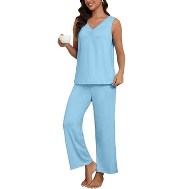 MINTREUS Womens Pajama Set V-Neck Sleeveless Lounge Set with Tank Top and Pants 2-Piece Sleepwear Set