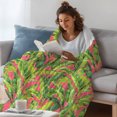 thumbnail image 3 of Green Tropical Leaves Throw Blanket, Flannel Fleece Blanket with Striped Design for Couch, Summer Palm Botanical Pink Soft Breathable All Season Plush Blankets for Loveseat Sofa Bed 60"x80", 3 of 8