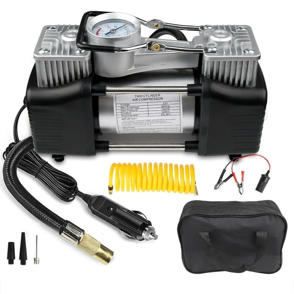 MixMart 12v 150psi Dual Cylinder Metal Pump, Heavy-duty Air Compressor for Tires with Led Night Light/auto Shut-off