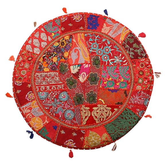 Stylo Culture Ethnic Round Throw Pillow Covers For Couch Vintage Patchwork Floor Cushion Cover Red 32x32 Large Decorative Decor Seating Tuffet Seat Pouf Cover Footstool Cotton Embroidered 1 Pc