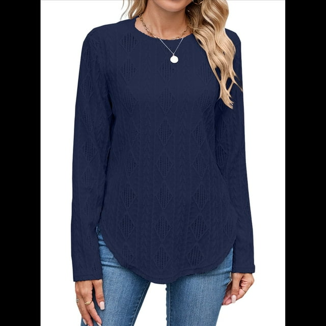 Camiseta Informal de Larga para Mujer, con Cuello Redondo, Dobladillo Curvo y Botones en la Espalda, Estilo Moderno y Holgado. Azul Marino M