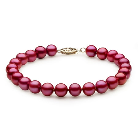 Devuggo 14K Solid Yellow Gold Freshwater Cultured Cranberry Pearl Strand 7.5 Bracelet 7-7.5mm Round AAA Quality