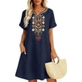thumbnail image 2 of Bxsruta Women's Embroidered Cotton Casual Bohemian Smock Dress V Neck Short Sleeve Loose Flowy Midi Length with Pockets Pull on Lightweight Breathable Summer for Women, 2 of 7