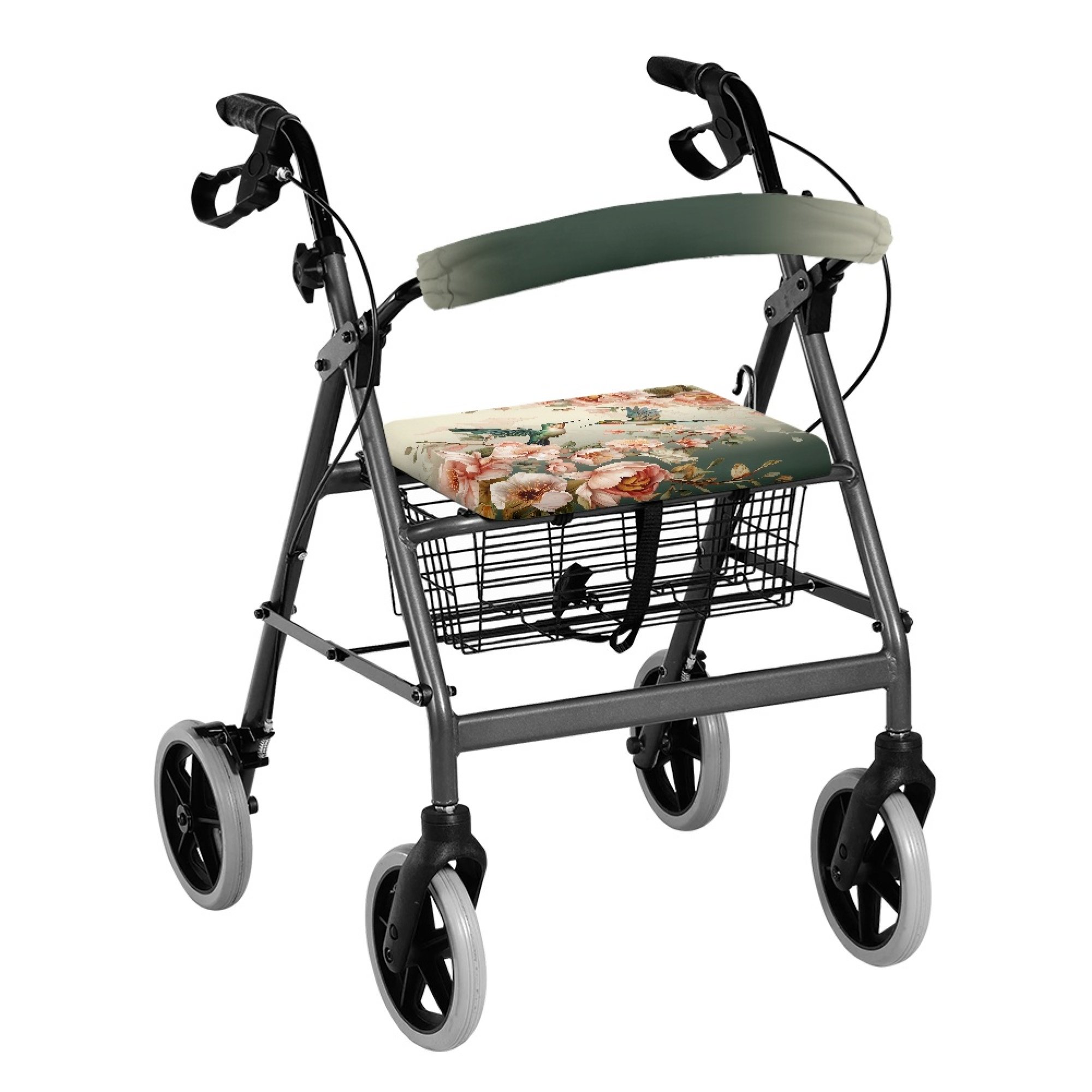 COEQINE Hummingbird Floral Rollator Seat Back Cover Rollator Seat Cushion Back Bar Cover Set with Buckle Walker Protection Decor Covers Easy to Install Gifts for Seniors