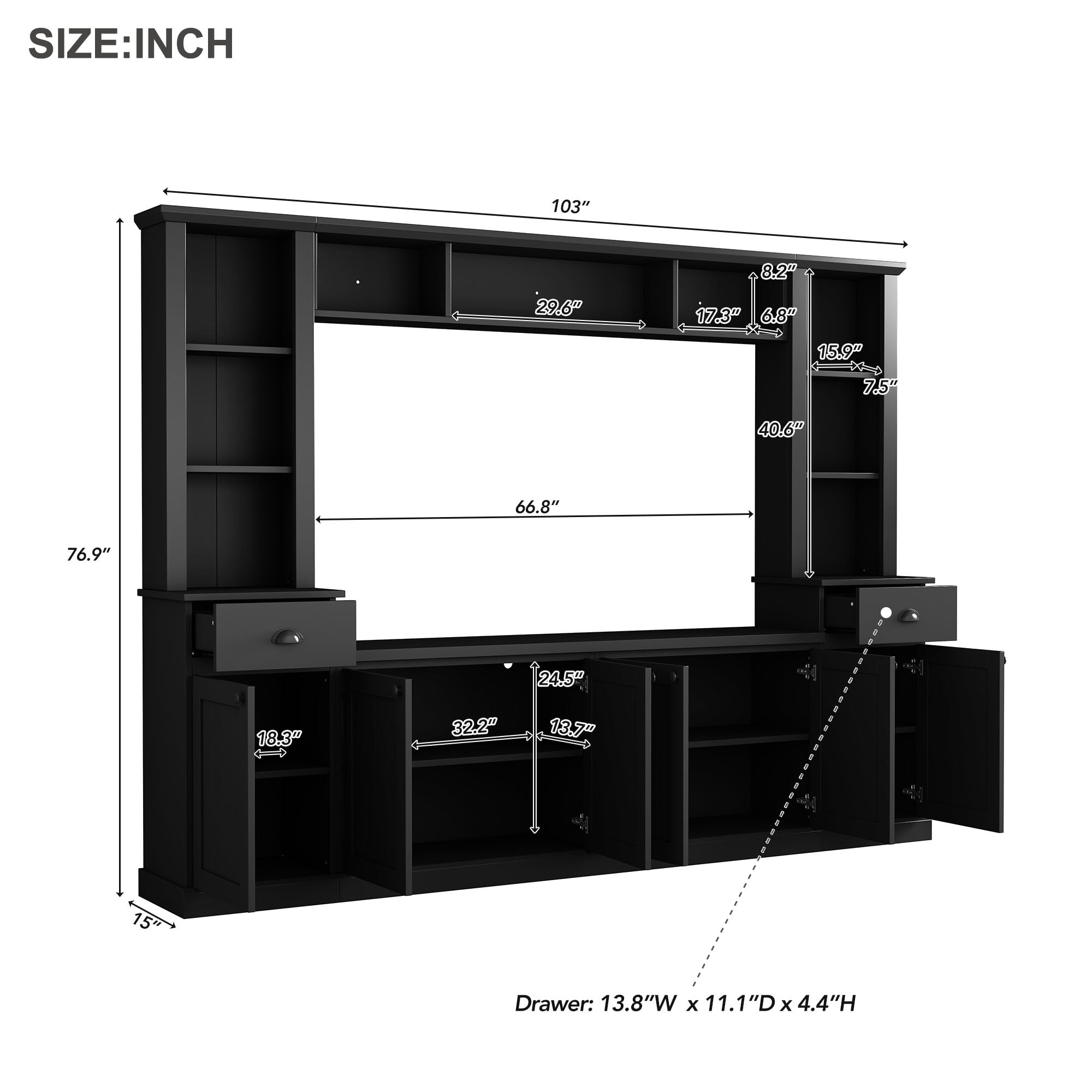 Euroco Minimalist Entertainment Wall Unit Set with Bridge for TVs Up to 75'', Ample Storage Space TV Stand with Adjustable Shelves, Modernist Large Media Console for Living Room