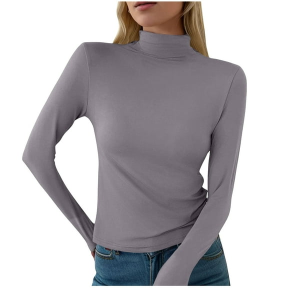 Telankuip Women's Turtleneck Long Sleeve T Shirts Fall Fashion Basic Thermal Underwear Tops Winter Soft Comfortable Slim Fit Pure Base Layer Tshirts 2025 Grey XL