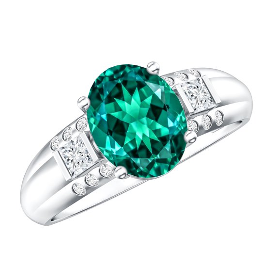 Lab Grown Emerald Solitaire Statement Ring with Diamond - 8X10 mm - AAAA Grade, 925 Sterling Silver, US 4.00