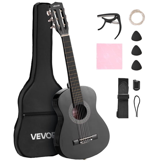 VEVOR 30in Classical Guitar, Wood Guitar Starter Kit for Beginners, with Nylon Strings, Gig Bag, Strap, Tuner, Extra Strings, Picks, Capo, Basswood, for Kids Girls Boys Students, Black