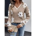 thumbnail image 2 of Women'S Pink V-Neck Floral Sweater with White Daisy & Brown Center Design - Long Sleeve, Ribbed Cuffs, Casual Style, Perfect for Spring/Fall, Casual Wear|Floral Pattern Top|Ribbed Cuffs, 2 of 4