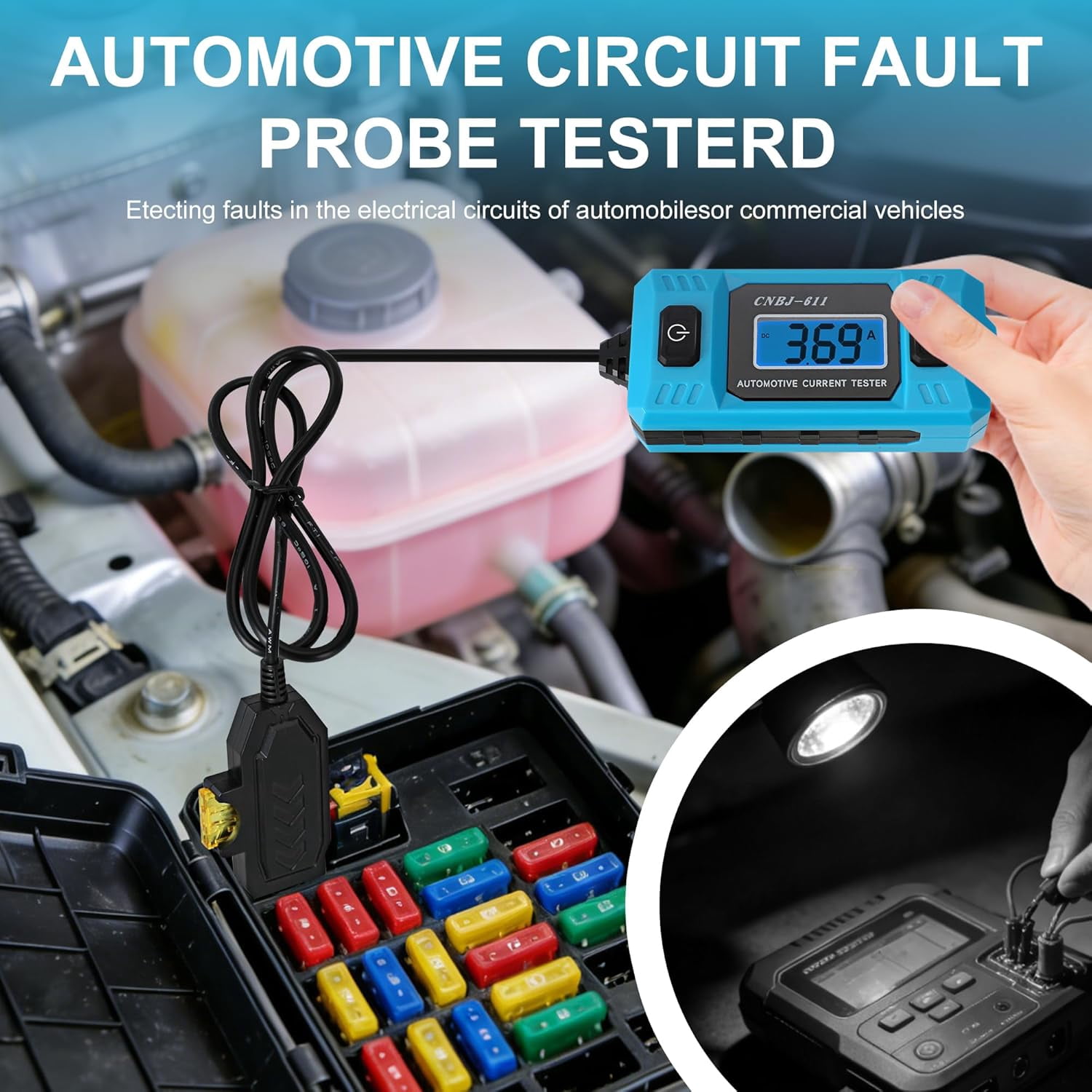 ABCISI Automotive Circuit Fault Probe Tester, 20A 48V Car Relay Fuse Blade Test, Cnbj-611 Parasitic Draw Tester, with LED Display & Front Light, High-Precision for Cars, Trucks, Suvs