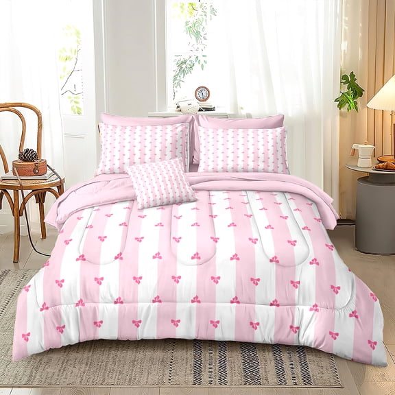 Pink Bow Comforter Set Queen Size, 7 Pieces Bed in A Bag Coquette Bowknot, Girly Cute Striped Bow Comforter and Sheet Set, All Season Reversible Bedding Set