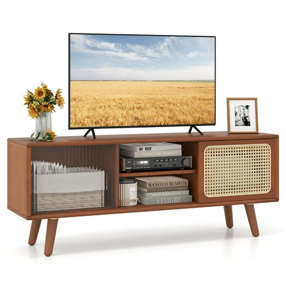 Demi Bonn TV Stand for 50" TVs, Entertainment Center with Rattan Glass Sliding Doors, Modern Media TV Console Table for Living Room Bedroom, Brown