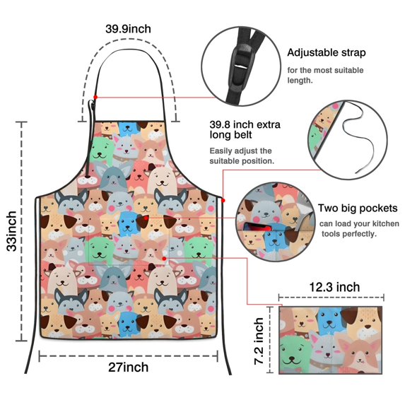 Cartoon Dog Apron-Garden Aprons for Women with Pockets-Cotton Linen Waterproof Kitchen Cooking Gardening Aprons Adjustable for Kitchen,Cooking,BBQ and Salon 33x27 Inch