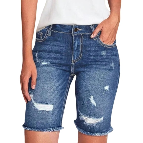 Classic Cuffed Denim Bermuda Shorts with Distressed Wash Women Jean Shorts Ripped Casual Summer Mid Waist Stretchy Five Points Denim Jean Shorts Blue L