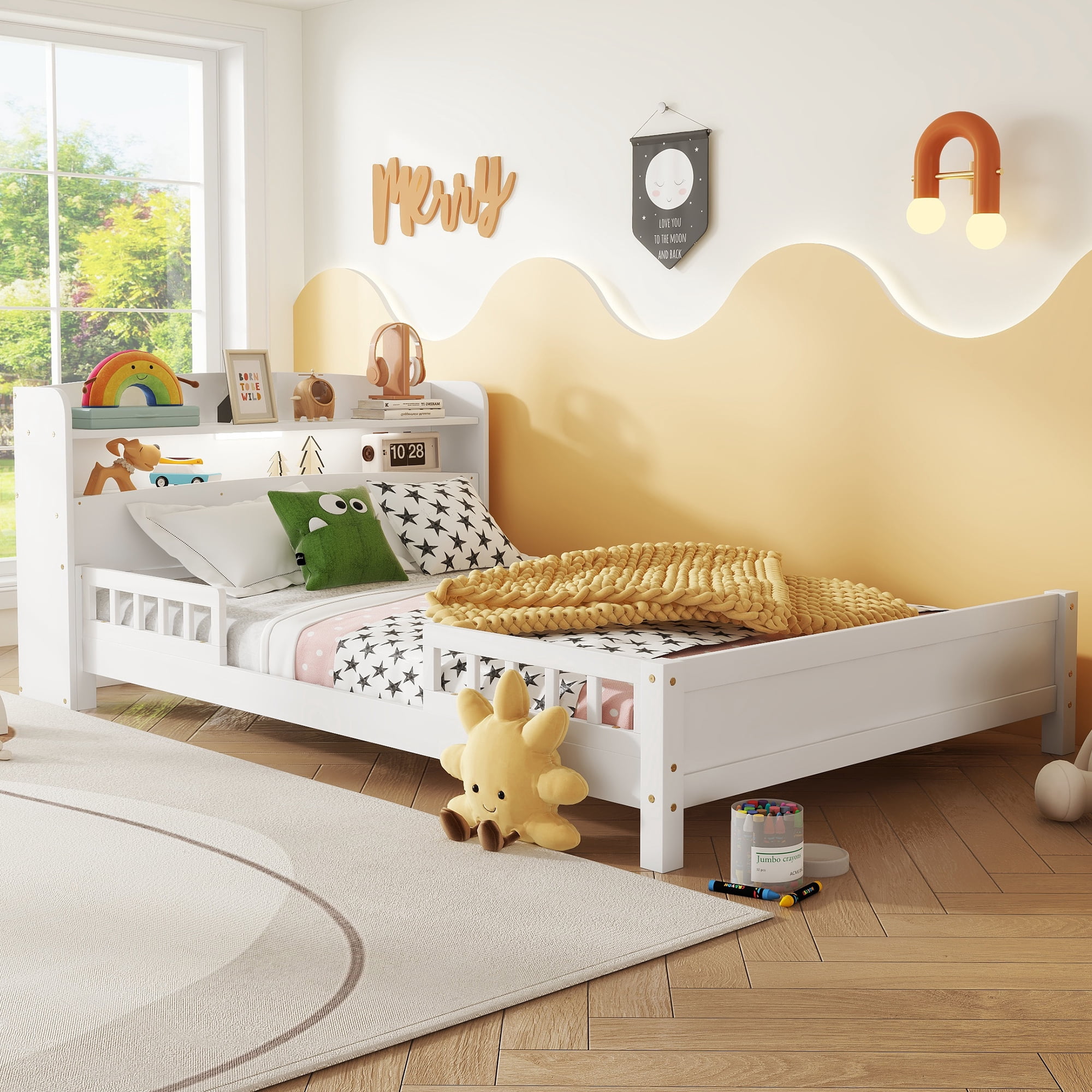 Leumius Full Pine Wood Bed with Bookcase Headboard, LED Motion Sensor Light, Guardrails for Boys Girls White