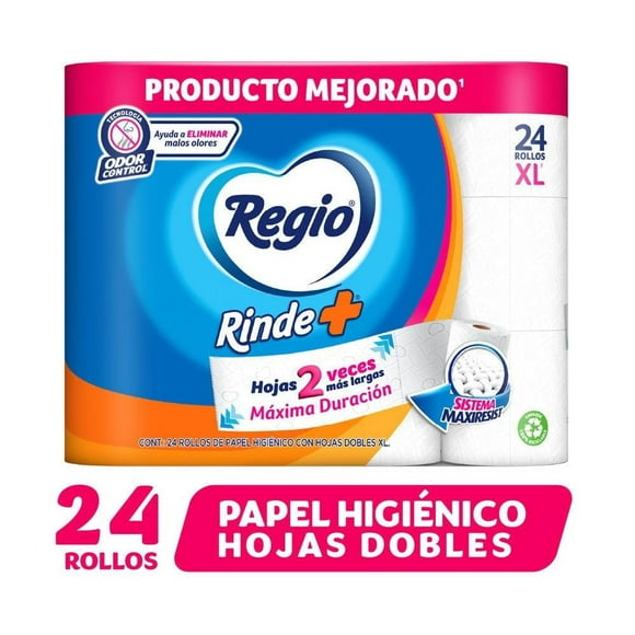 Papel higiénico Regio Rinde + 24 rollos con 132 hojas dobles c/u