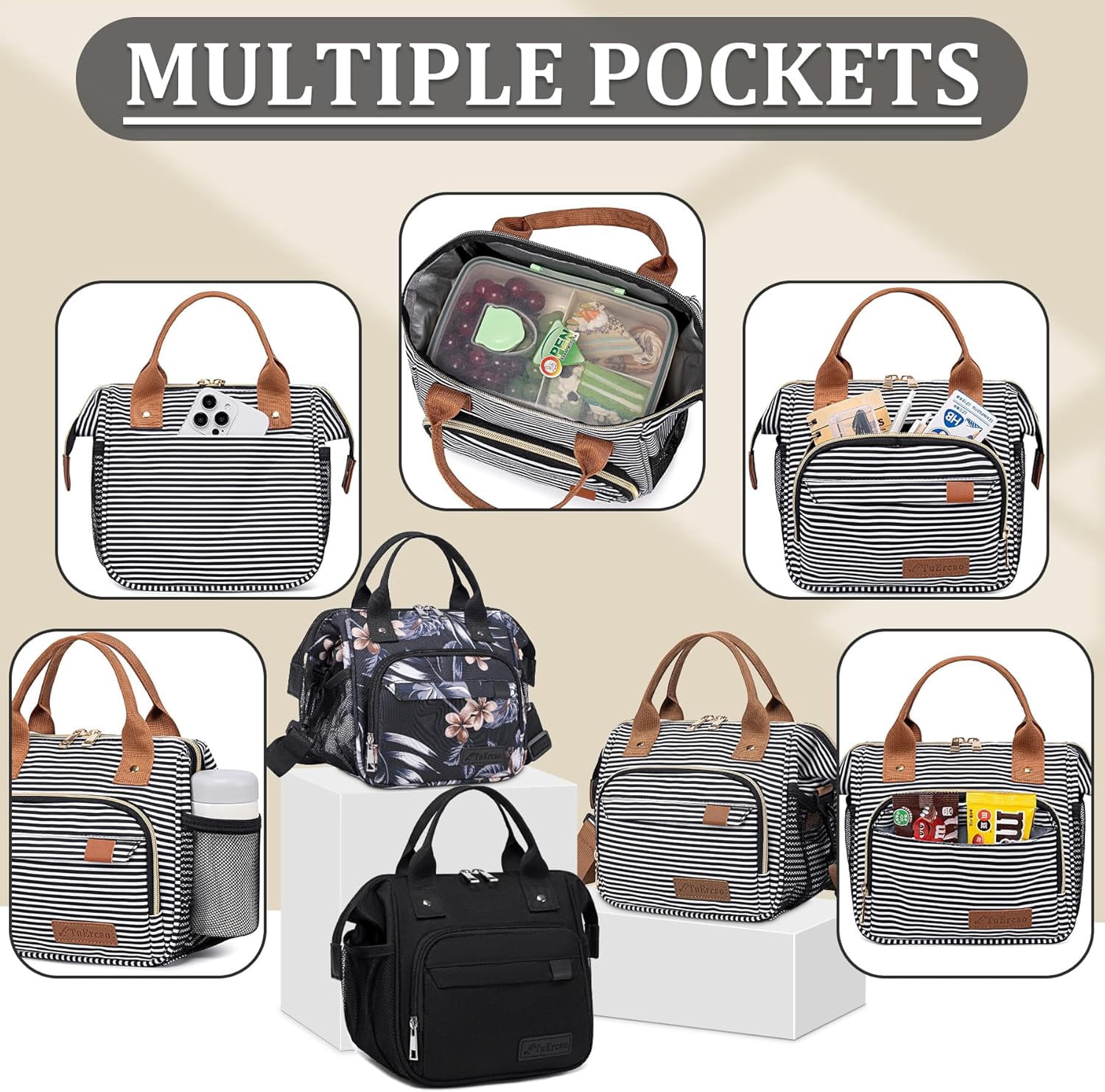Lunch Bags for Women Men, Insulated Lunch Box for Adult for Picnic Travel, Female Teacher Nurse Mom, Fashion Ladies Lunch Tote Bag for Work, Black