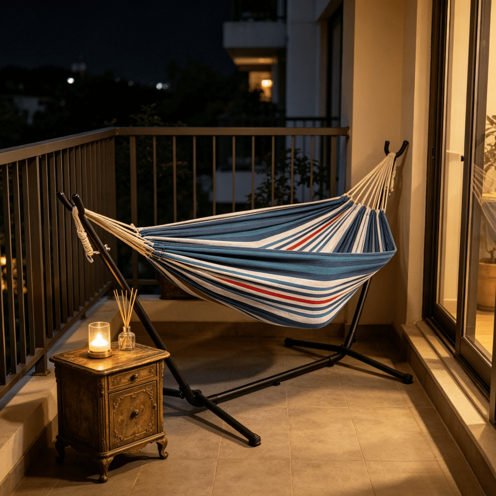 Double Hammock with Stand 108.7In 550Lb Capacity 2Person Heavy Duty Steel Frame Blue Purple Cotton Polyester Blend Portable Carrying Bag Included Indoor Outdoor Patio Backyard Easy Assembly Tool Free