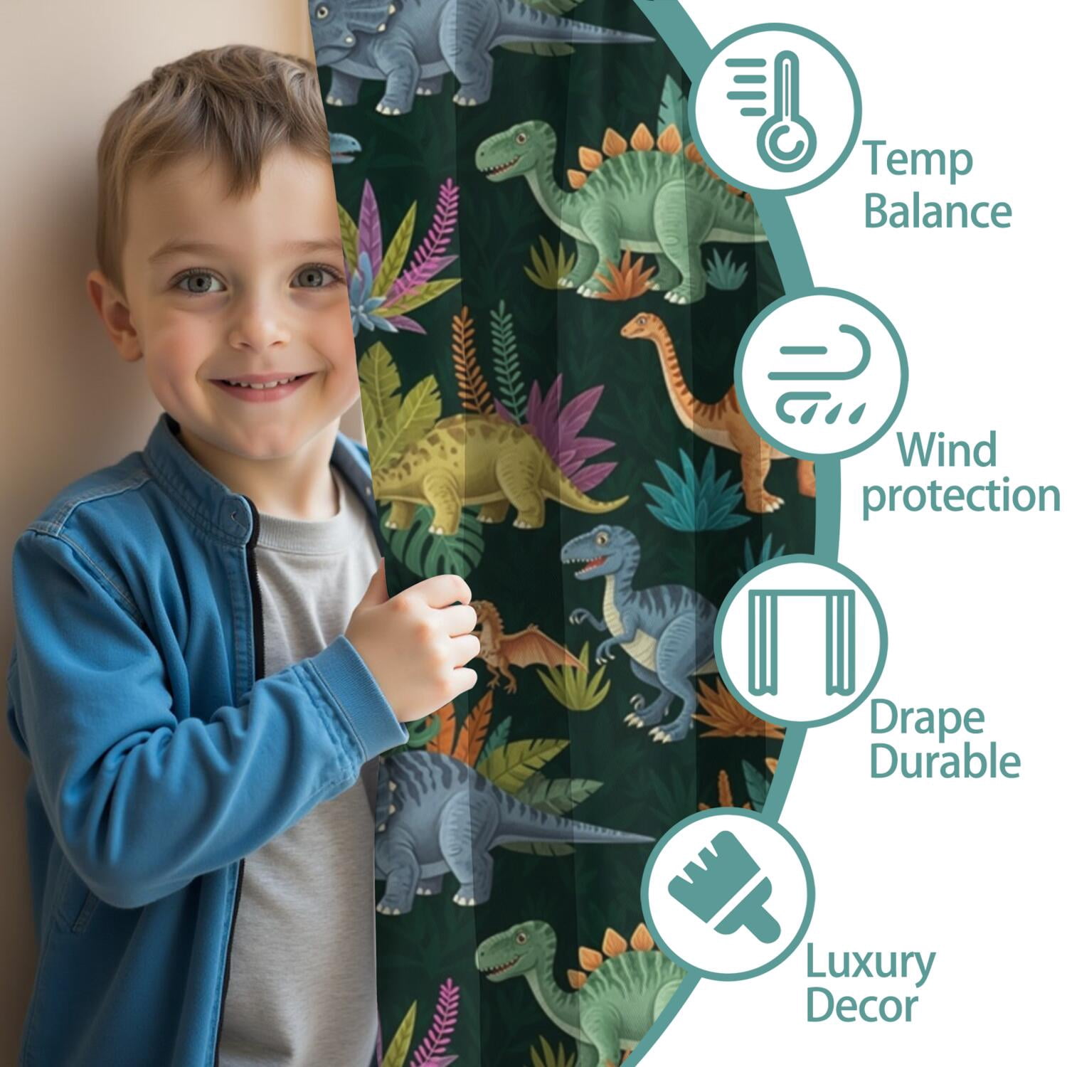 Blackout Kids Curtains,DarkGreen Cartoon Dinosaurs Jungle Pattern Childrens Insulated Curtains Set Of 2,Bedroom Essentials,Toddler Room Decor 42"x63"