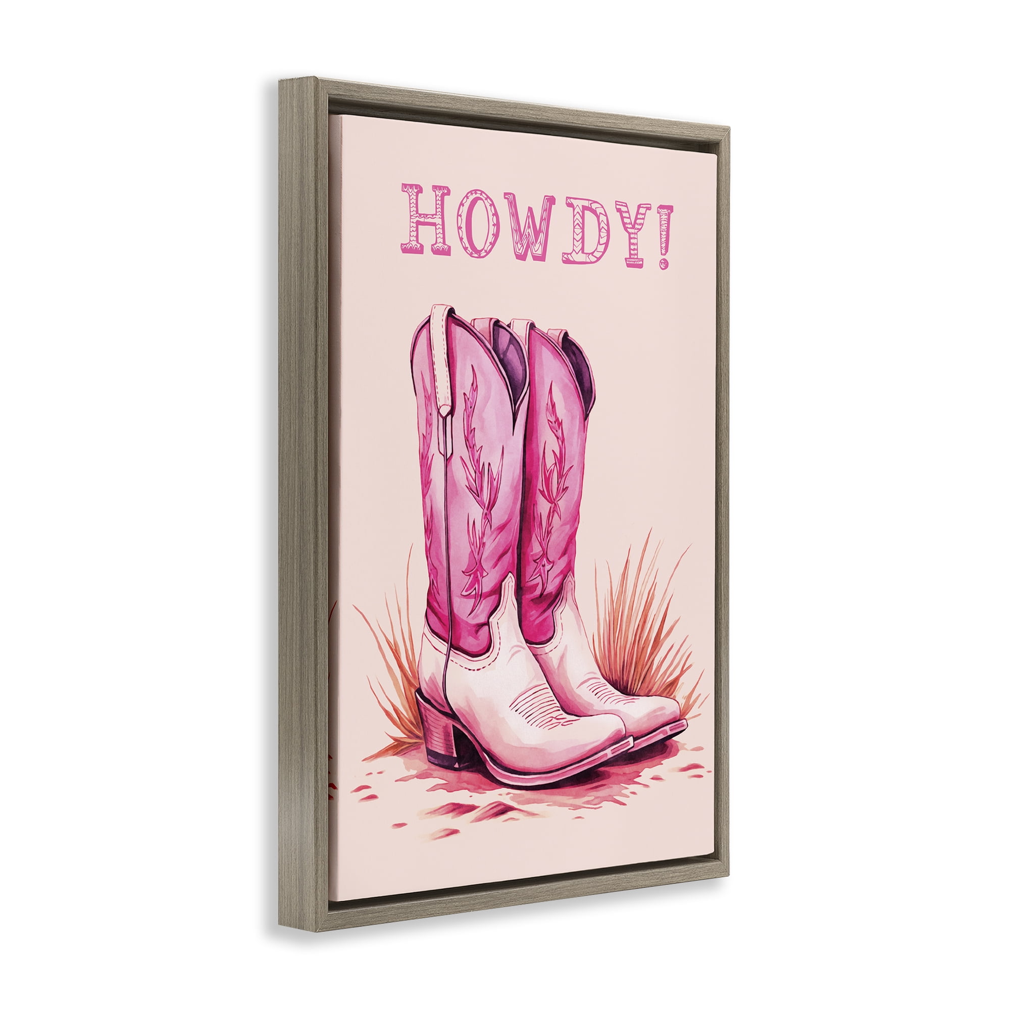 Stupell Industries Pink Cowgirl Boots Howdy Fashion Painting Brown Floater Framed Canvas Art Print Wall Art, 21 x 31
