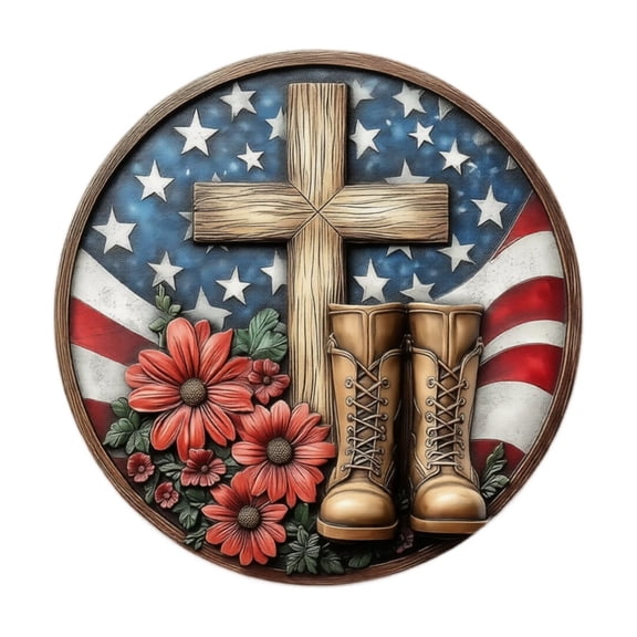 Wall Art for Home Decor, Vintage Wall Decor, Americana Decorations for Home, God Bless America Sign, 8 Inch Diameter 2D Round Independence Day Wooden Hanging Sign with Flag