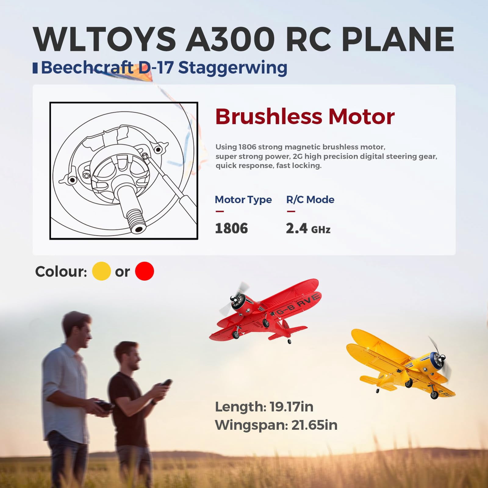 WLtoys A300 4-Ch RC Plane, Beechcraft D-17 RC Airplanes with Lights, 6G/3D Brushless RC Planes with 2 Batteries, 2.4G Remote Control RC Airplanes