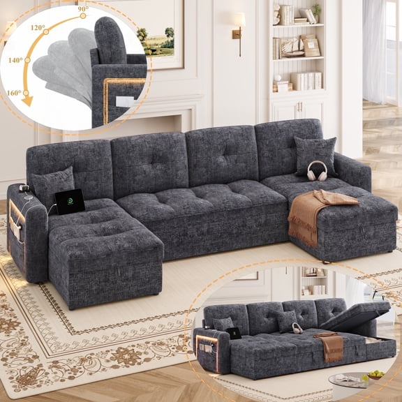 Homfa 107" Sleeper Sofa Bed with Adjustable Backrest & USB Charging Port, Chenille Velvet Tufted U-Shaped 6-Seat Sofa with Storage Chaise Couch for Living Room, Gray