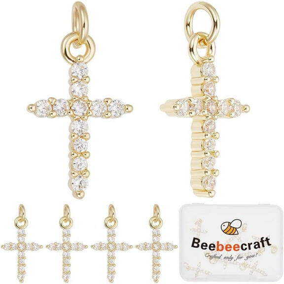 1 box 10pcs Small golden Cubic Zirconia Cross Charm with Jump Ring Real 18K golden Plated Brass Clear Crosses Pendant Charm for Jewelry Making Charms Necklace Bracelets Supplies DIY Crafts