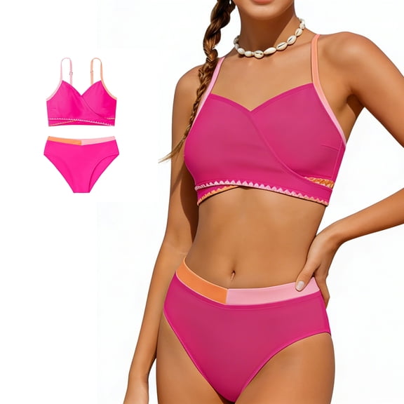 Tween Girls Bathing Suit Pink Color-Block Adjustable Straps Bikini Sets Girls Two Piece Swimsuits 11-12 Years