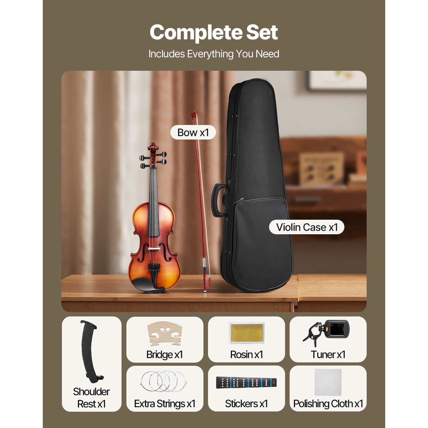 KFFKFF 3/4 Size Violin for Adults, Complete Beginner Set with Case, Bow, Rosin, Shoulder Rest, Bridge, Tuner, and Extra Strings, Solid Wood Musical Instrument (Brown)