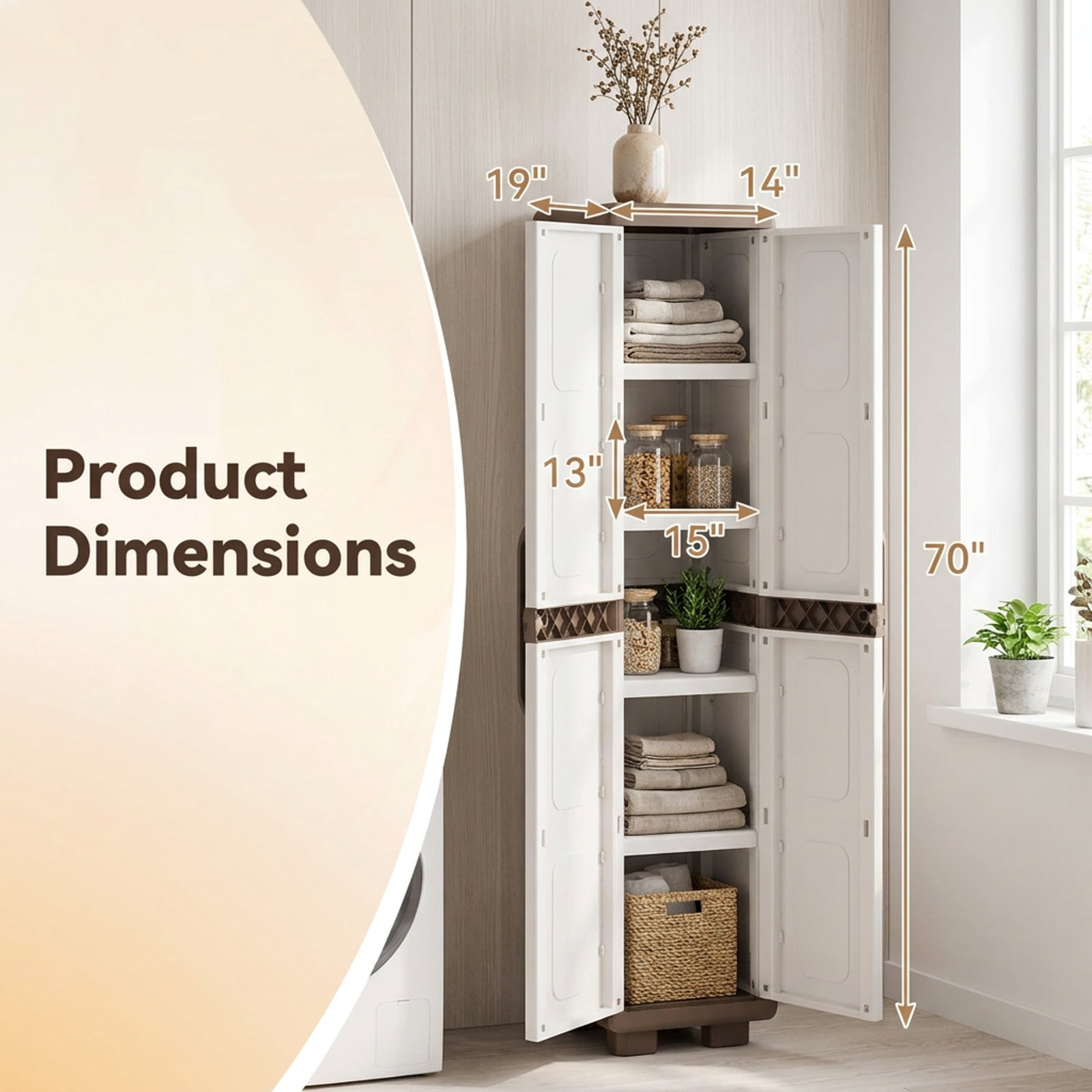 Furnibear Plastic Kitchen Pantry with 4 Adjustable Shelves and Single Door for Living Room and Kitchen for Living Room Bedroom Kitchen, Beige