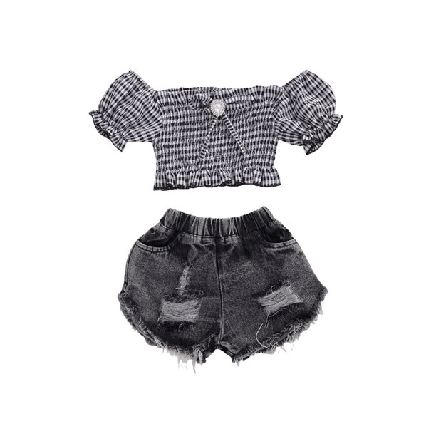 Kids Girls Summer Clothes Set Plaid Top High Waist Denim Shorts Outfit Walmart Com