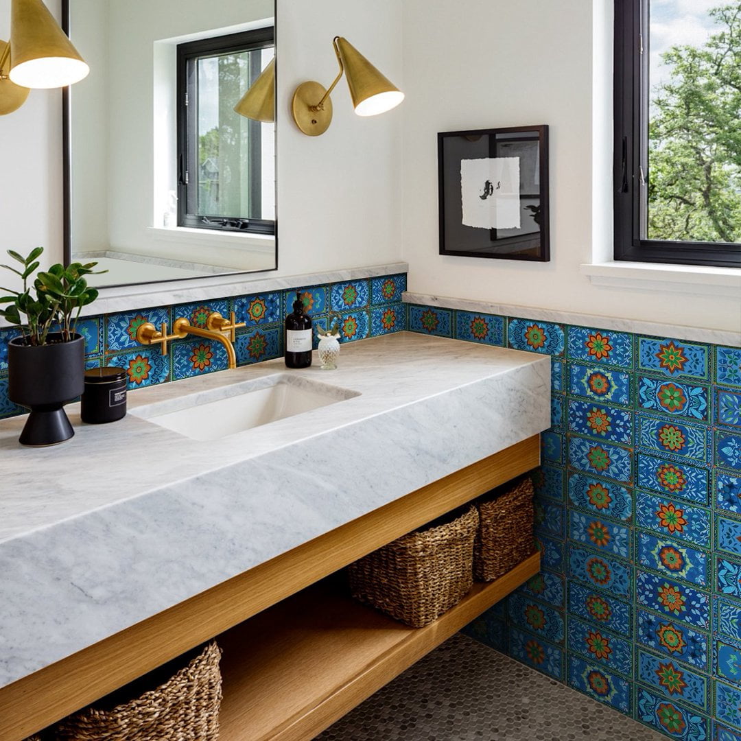 16Pcs Foaming Board Vinyl Tiles Stickers Wall Decals 8" x 4" Waterproof Peel and Stick Backsplash Blue Green Orange Flowers Pattern Mural